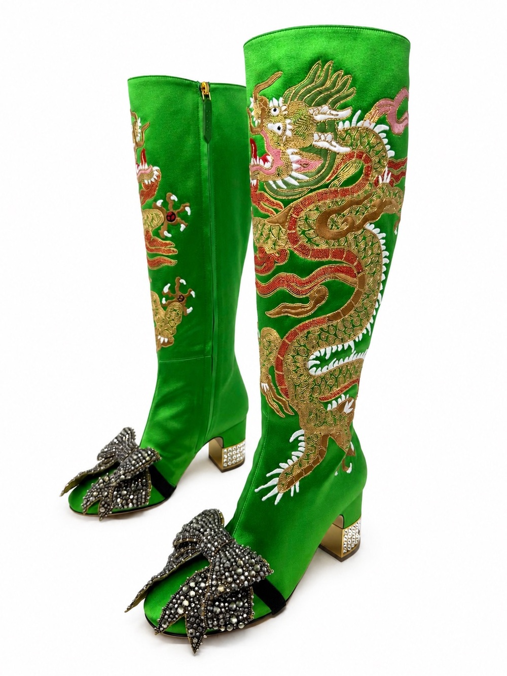 Gucci Candy Dragon Crystal Bow Knee High Block Heel Boots Womens Size EU 36.5